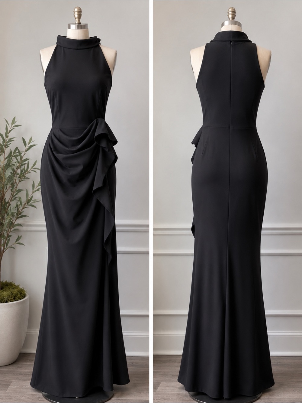 Chiara Boni Black Halter Maxi Dress with Draped Side Ruffle